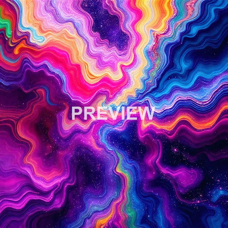 A vibrant, swirling depiction of outer space with colorful nebulae and star clusters in shades of pink, purple, blue, and orange.